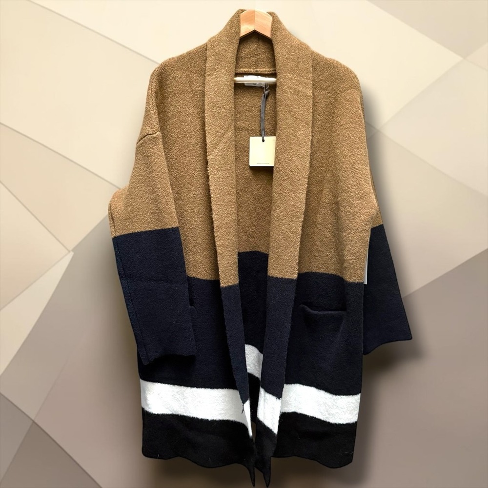 Dress Forum Colorblock Shawl Collar Open Front Cardigan Brown Black ML NEW